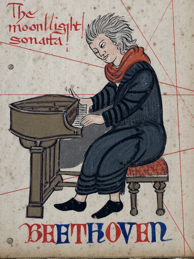 C4t41an style, Beethoven with long gray hair wearing a black coat and a red scarf, sitting at a piano, red text at the top reading 'The moonlight sonata', red and blue text at the bottom reading 'BEET3036457129_img3_F2.png